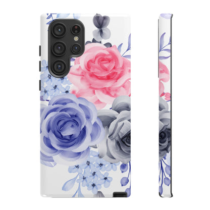 Watercolor Floral Samsung Galaxy Case – Elegant Pink, Blue & Gray Roses - BOGO Cases