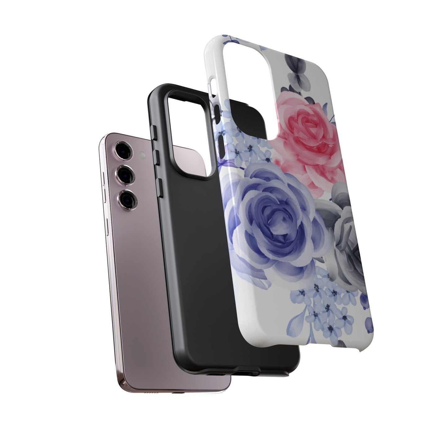 Watercolor Floral Samsung Galaxy Case – Elegant Pink, Blue & Gray Roses - BOGO Cases