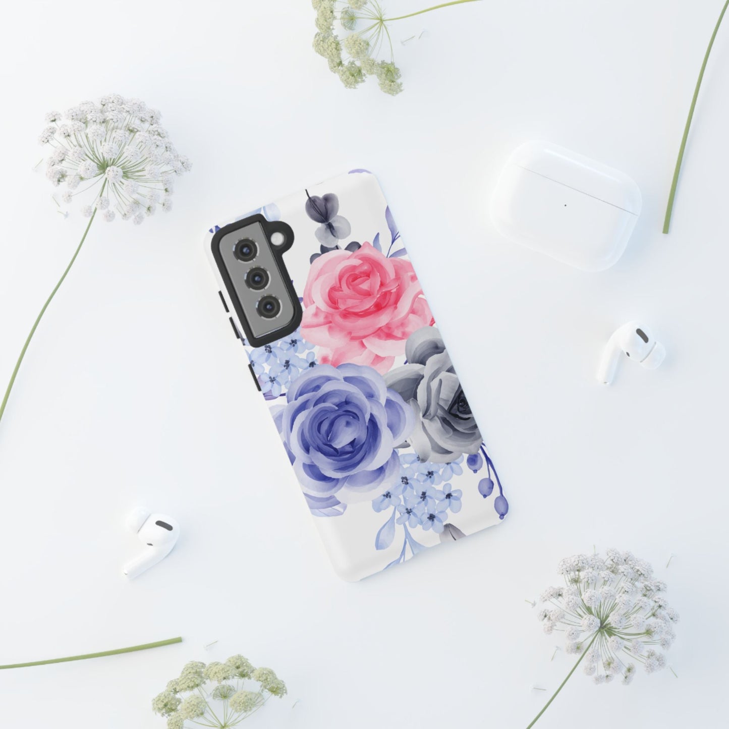 Watercolor Floral Samsung Galaxy Case – Elegant Pink, Blue & Gray Roses - BOGO Cases