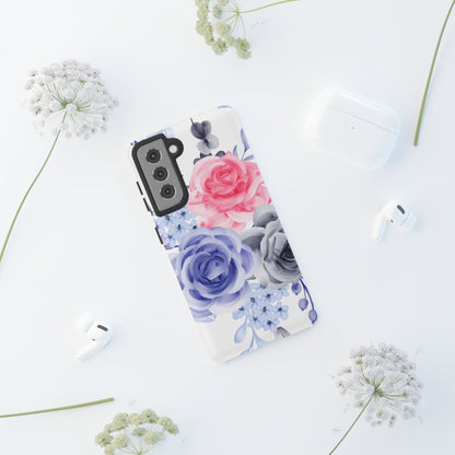 Watercolor Floral Samsung Galaxy Case – Elegant Pink, Blue & Gray Roses - BOGO Cases