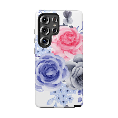 Watercolor Floral Samsung Galaxy Case – Elegant Pink, Blue & Gray Roses - BOGO Cases