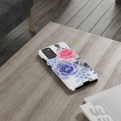 Watercolor Floral Samsung Galaxy Case – Elegant Pink, Blue & Gray Roses - BOGO Cases
