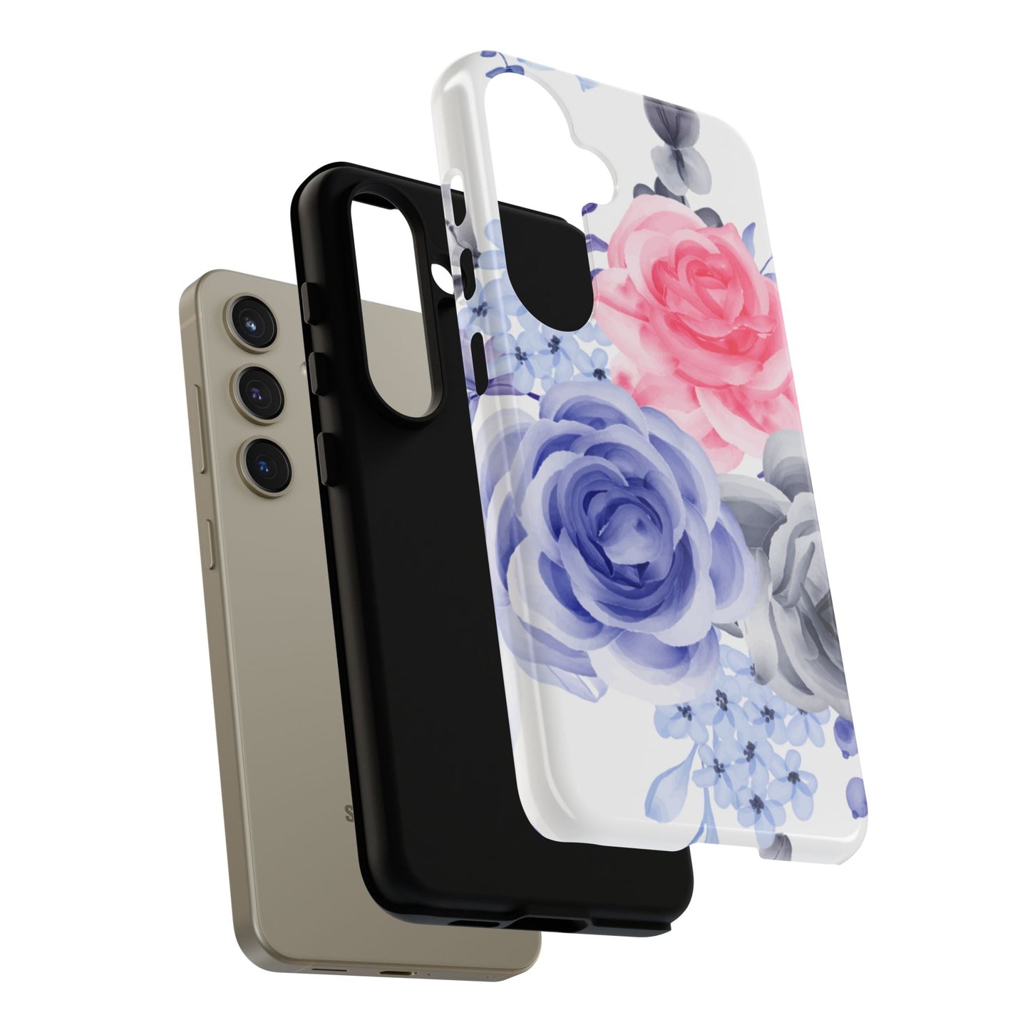 Watercolor Floral Samsung Galaxy Case – Elegant Pink, Blue & Gray Roses - BOGO Cases