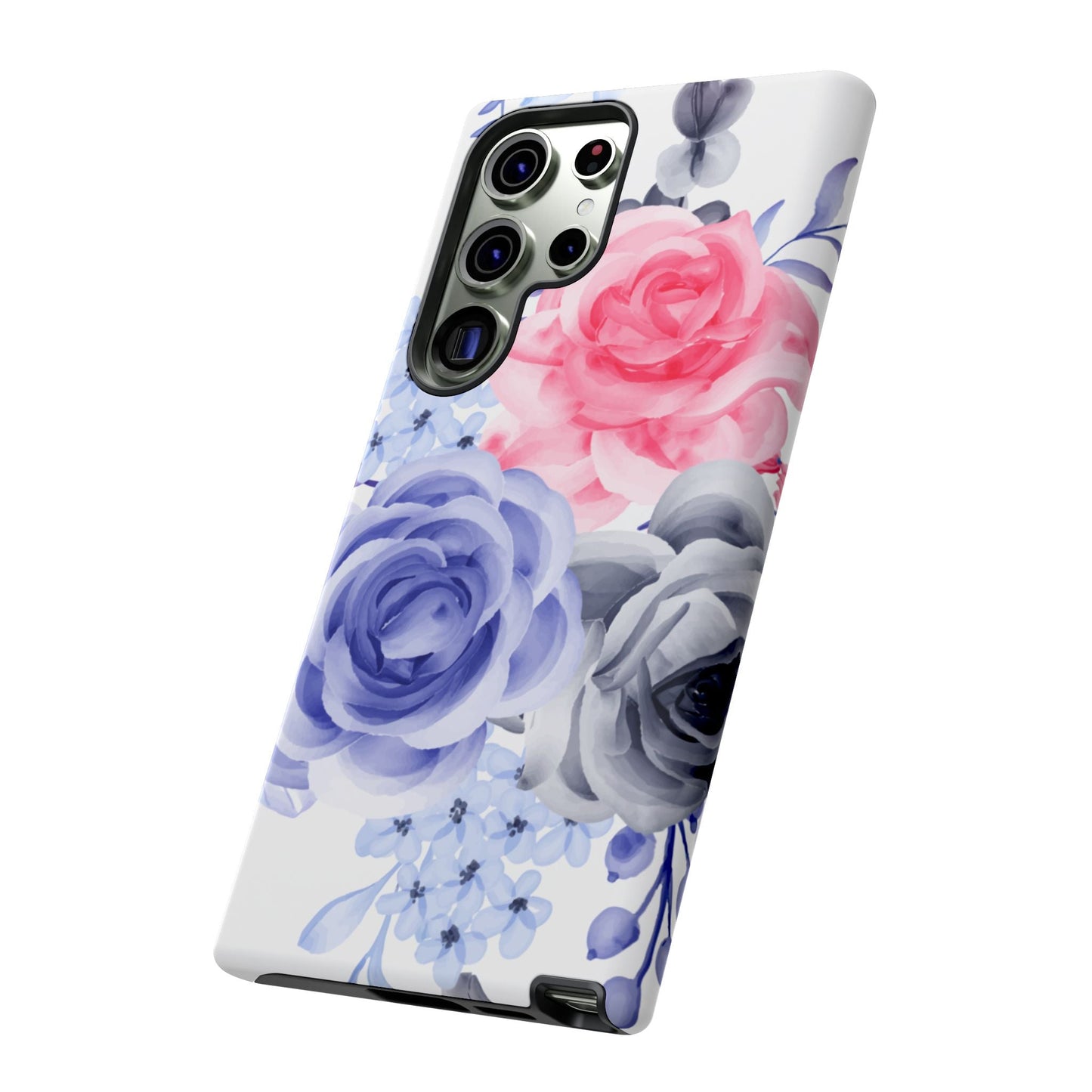 Watercolor Floral Samsung Galaxy Case – Elegant Pink, Blue & Gray Roses - BOGO Cases