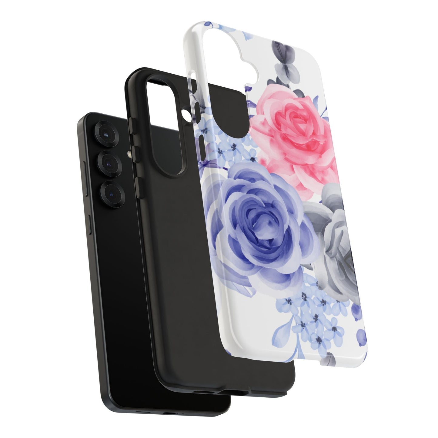 Watercolor Floral Samsung Galaxy Case – Elegant Pink, Blue & Gray Roses - BOGO Cases