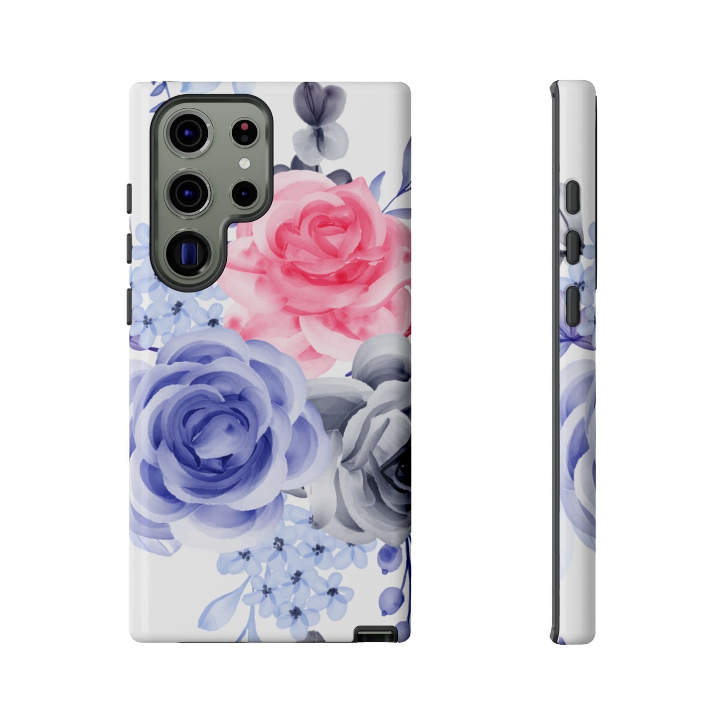 Watercolor Floral Samsung Galaxy Case – Elegant Pink, Blue & Gray Roses - BOGO Cases