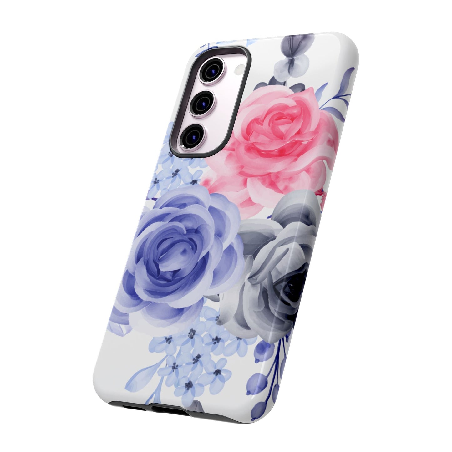 Watercolor Floral Samsung Galaxy Case – Elegant Pink, Blue & Gray Roses - BOGO Cases