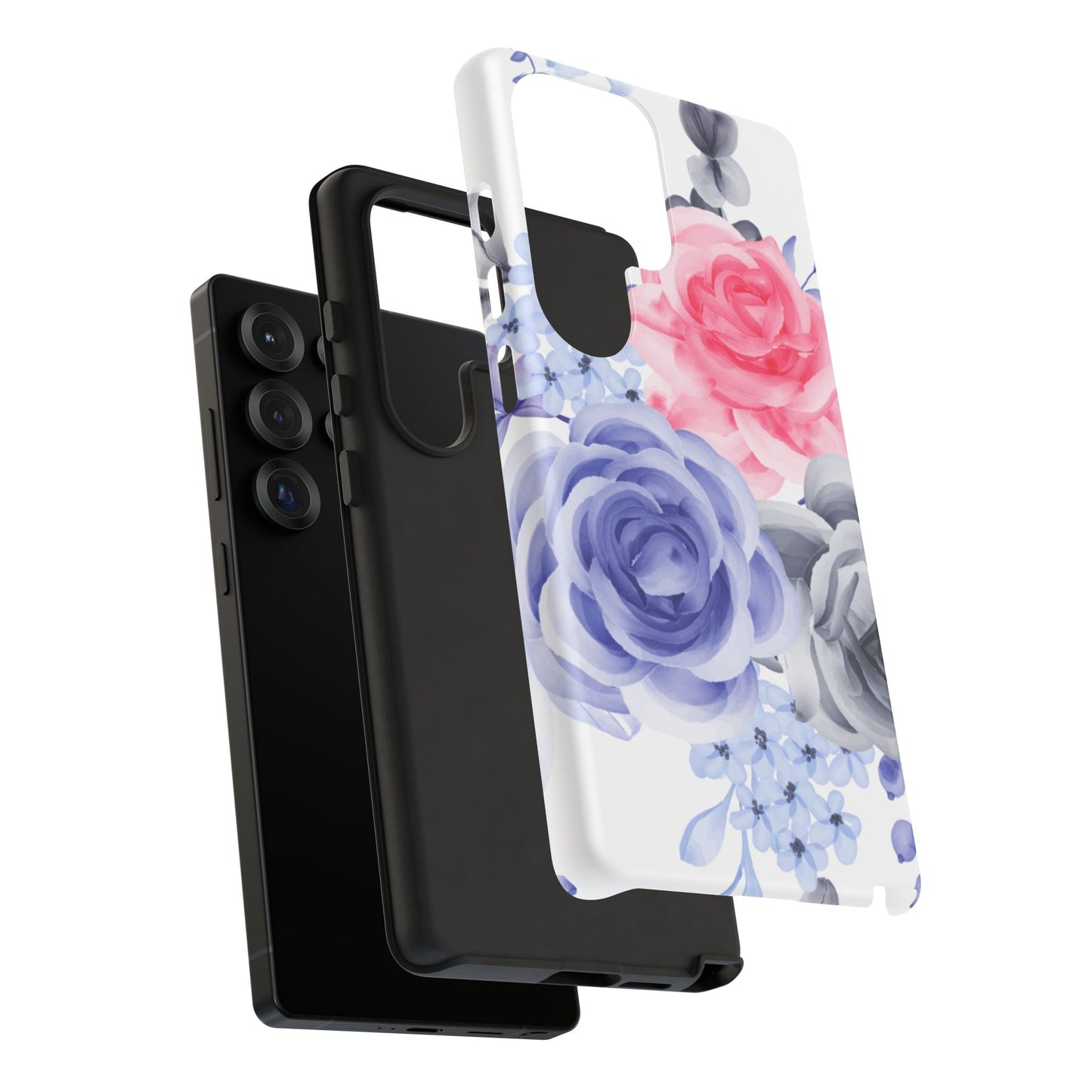 Watercolor Floral Samsung Galaxy Case – Elegant Pink, Blue & Gray Roses - BOGO Cases