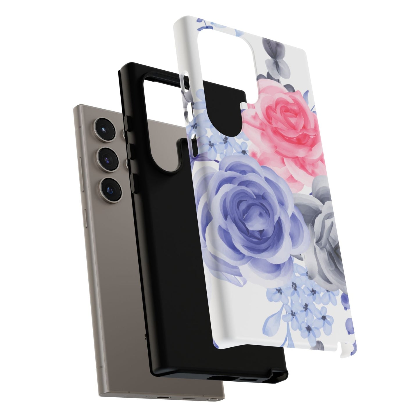 Watercolor Floral Samsung Galaxy Case – Elegant Pink, Blue & Gray Roses - BOGO Cases