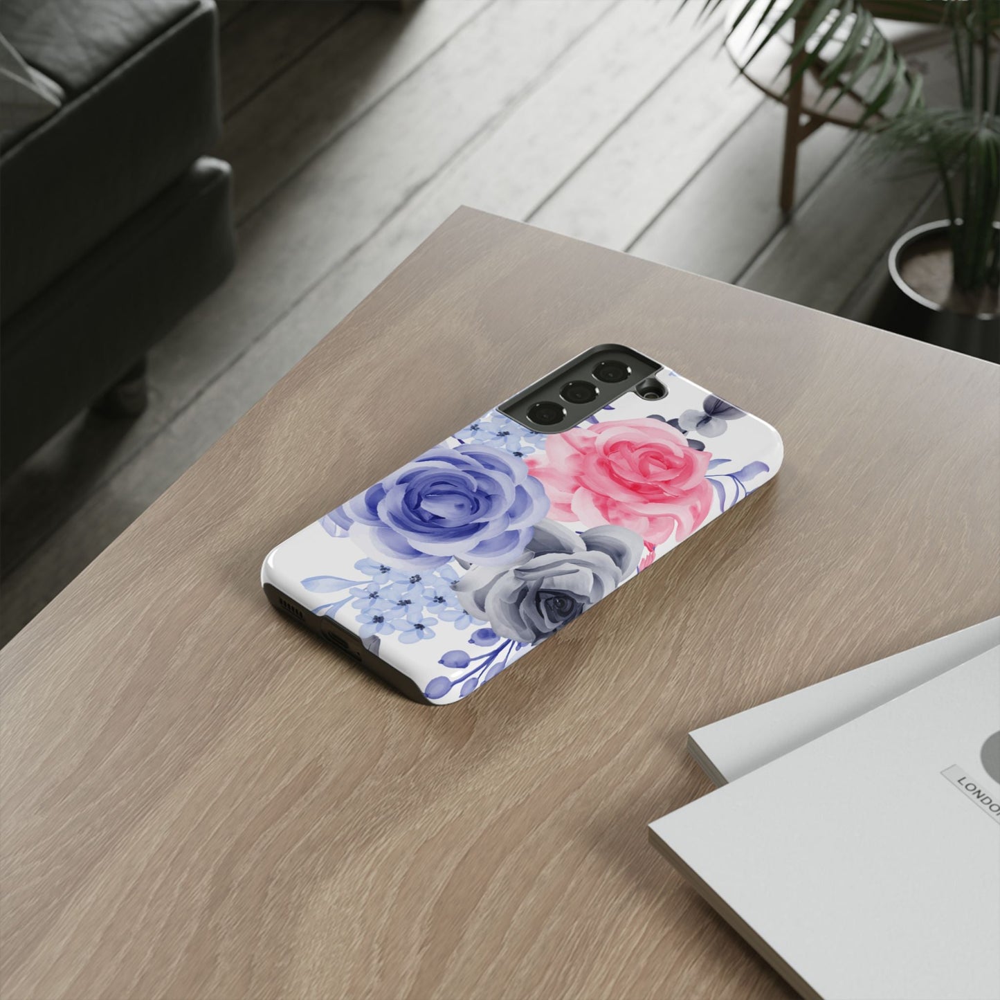 Watercolor Floral Samsung Galaxy Case – Elegant Pink, Blue & Gray Roses - BOGO Cases