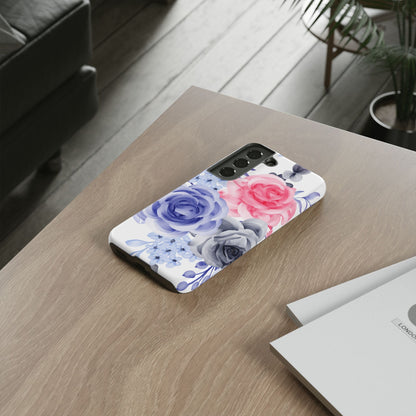 Watercolor Floral Samsung Galaxy Case – Elegant Pink, Blue & Gray Roses - BOGO Cases