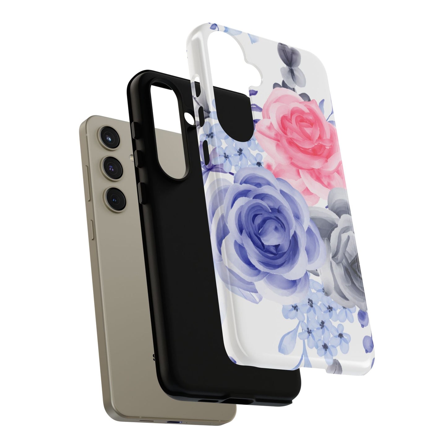 Watercolor Floral Samsung Galaxy Case – Elegant Pink, Blue & Gray Roses - BOGO Cases