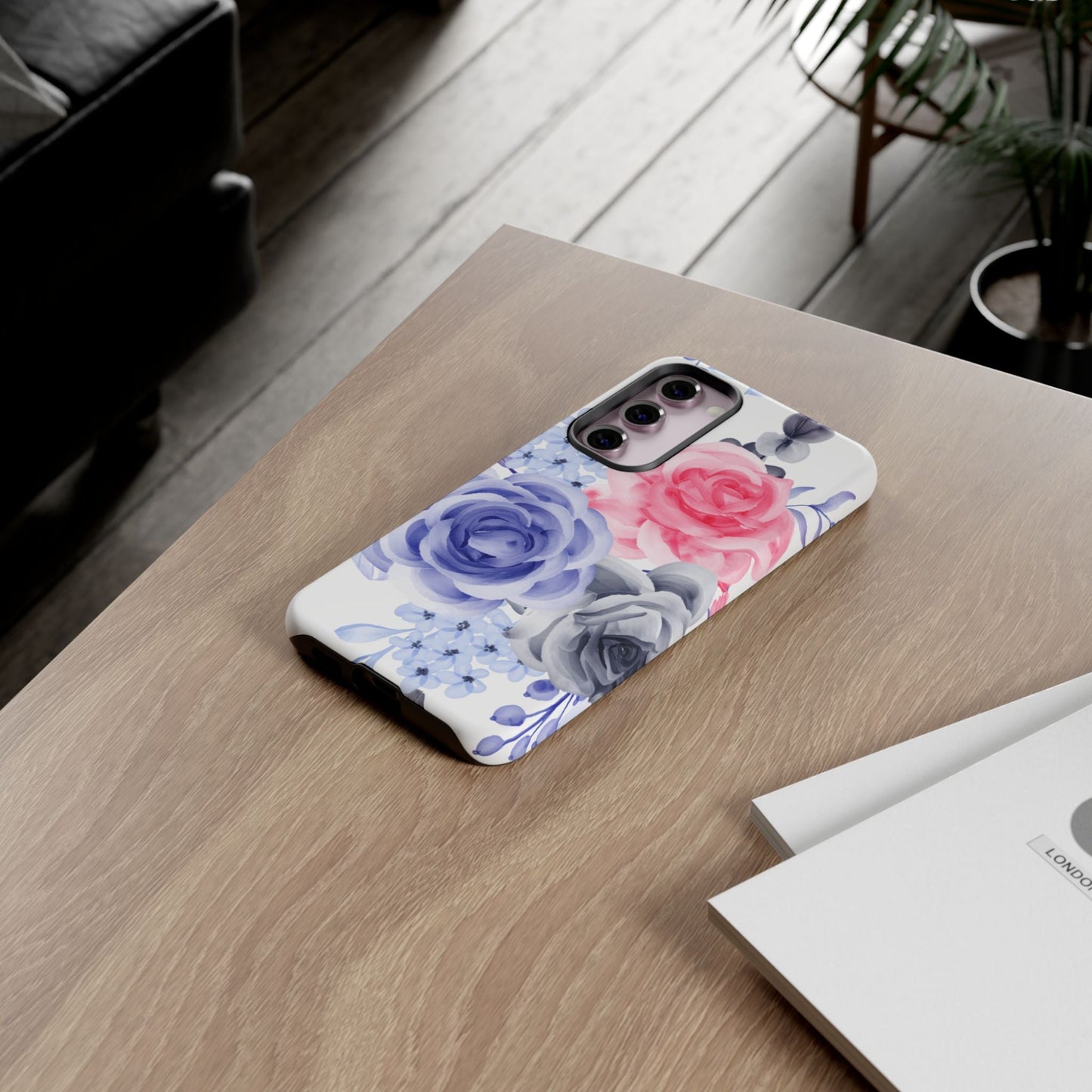 Watercolor Floral Samsung Galaxy Case – Elegant Pink, Blue & Gray Roses - BOGO Cases