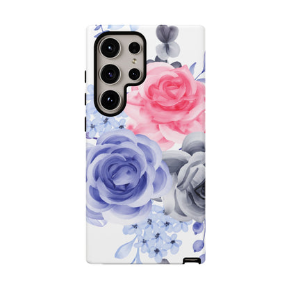 Watercolor Floral Samsung Galaxy Case – Elegant Pink, Blue & Gray Roses - BOGO Cases
