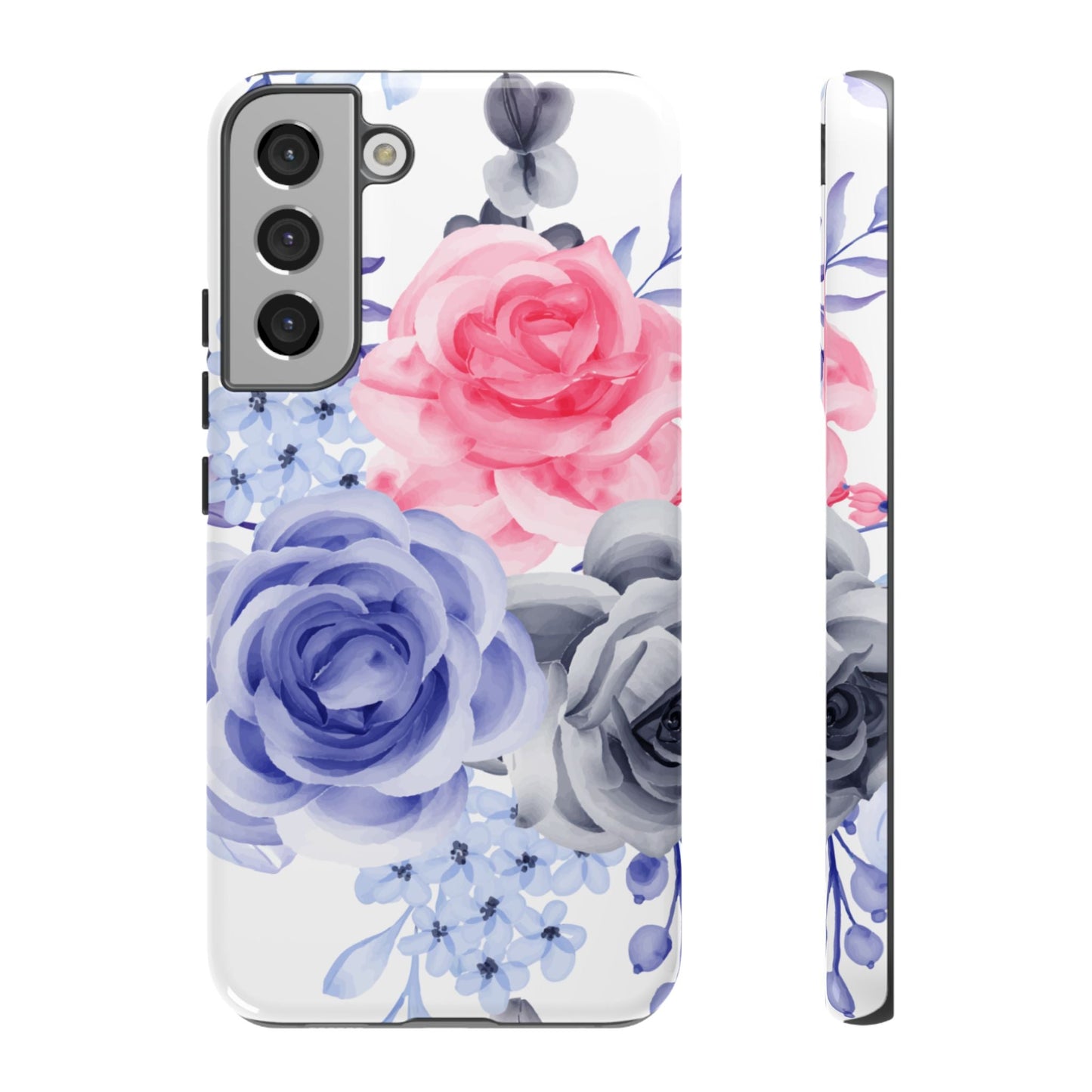 Watercolor Floral Samsung Galaxy Case – Elegant Pink, Blue & Gray Roses - BOGO Cases