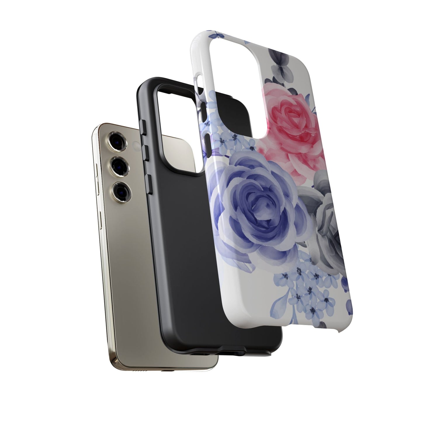 Watercolor Floral Samsung Galaxy Case – Elegant Pink, Blue & Gray Roses - BOGO Cases