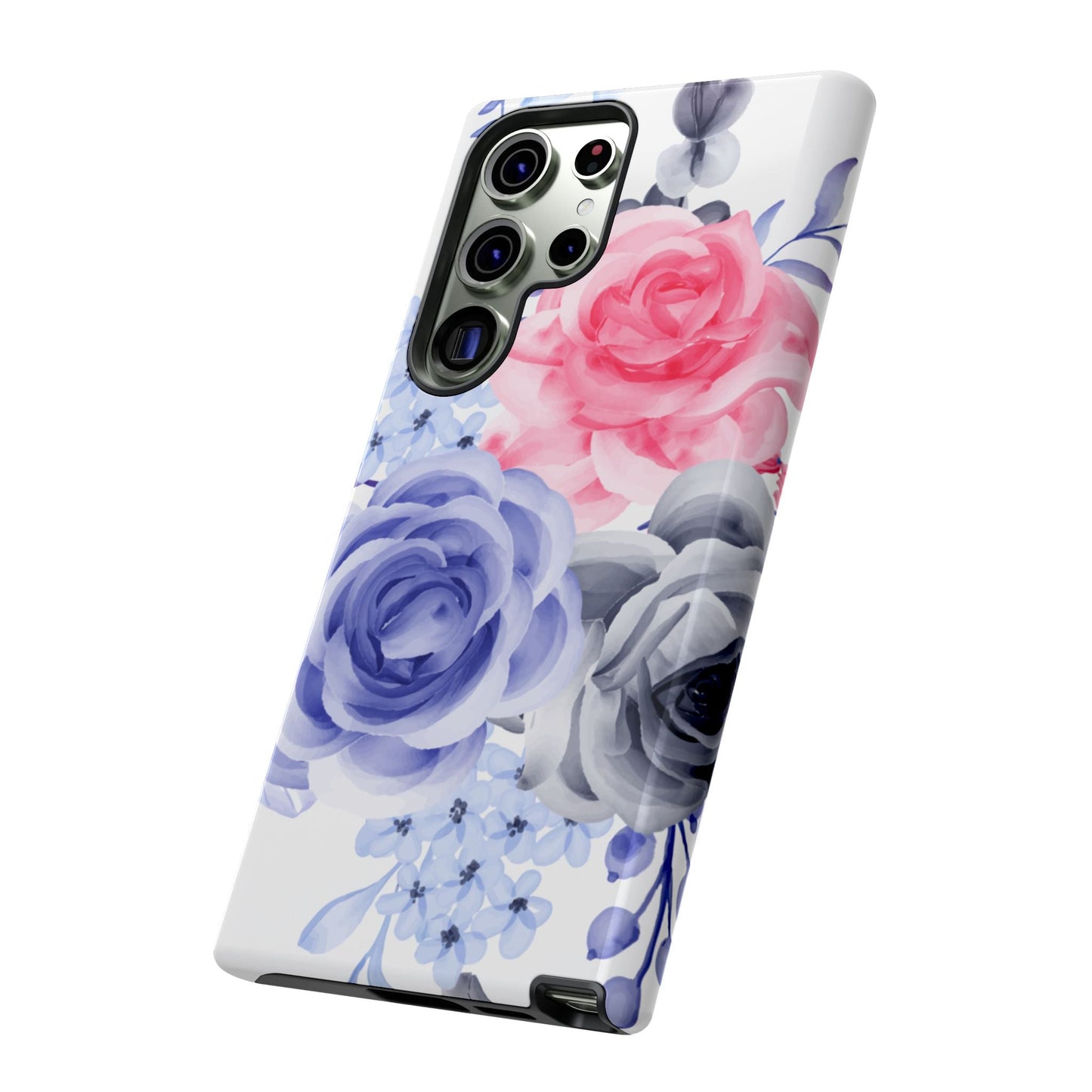 Watercolor Floral Samsung Galaxy Case – Elegant Pink, Blue & Gray Roses - BOGO Cases