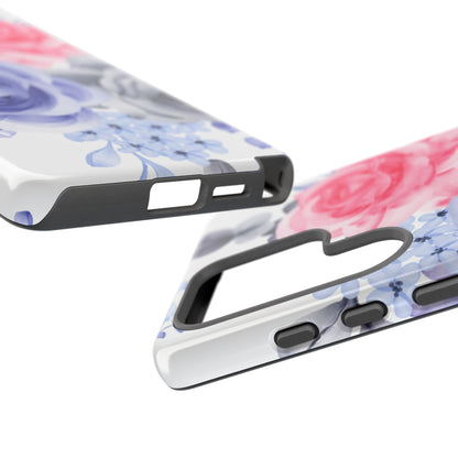 Watercolor Floral Samsung Galaxy Case – Elegant Pink, Blue & Gray Roses - BOGO Cases