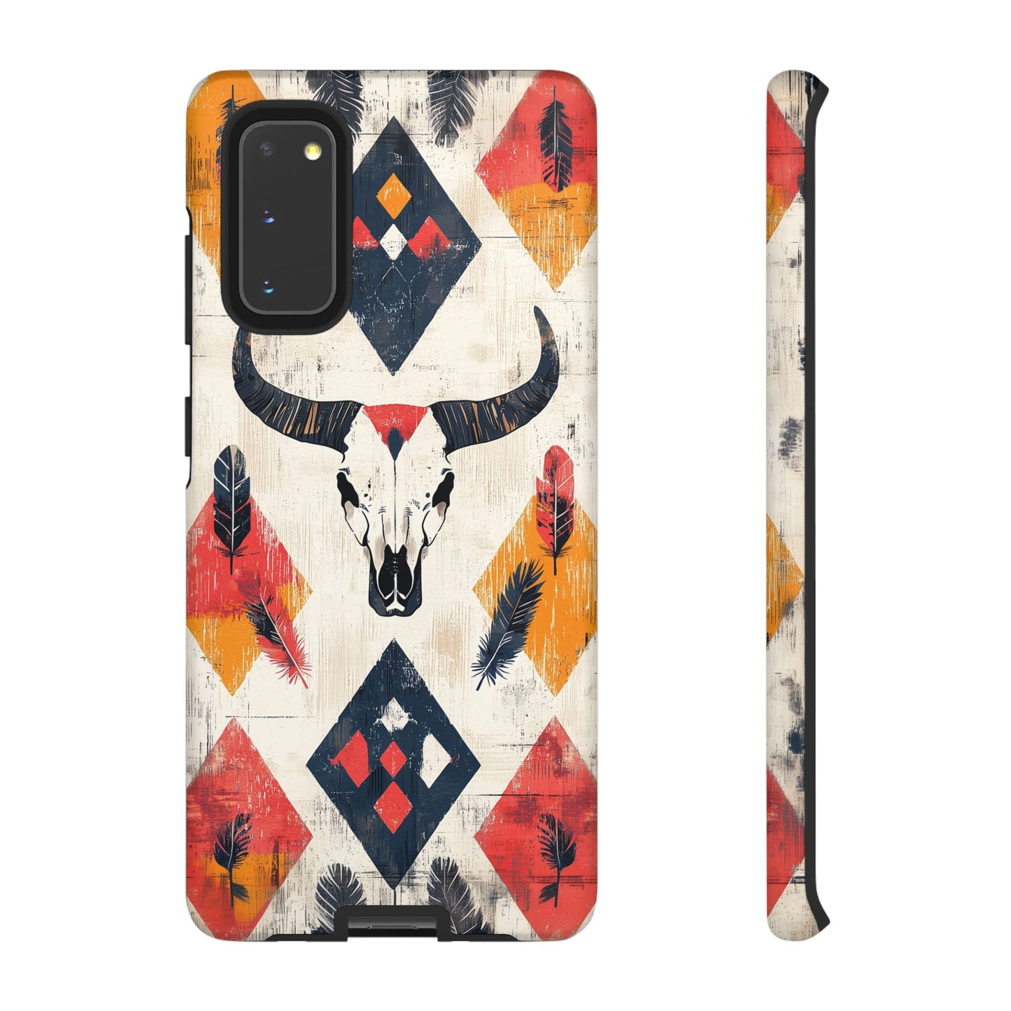 Western Bull Skull & Feathers Tough Samsung Galaxy Case – Bold Tribal Design, Dual - Layer Protection - BOGO Cases