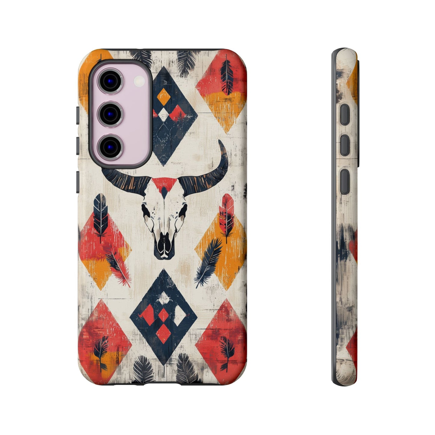 Western Bull Skull & Feathers Tough Samsung Galaxy Case – Bold Tribal Design, Dual - Layer Protection - BOGO Cases