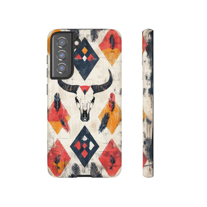 Western Bull Skull & Feathers Tough Samsung Galaxy Case – Bold Tribal Design, Dual - Layer Protection - BOGO Cases