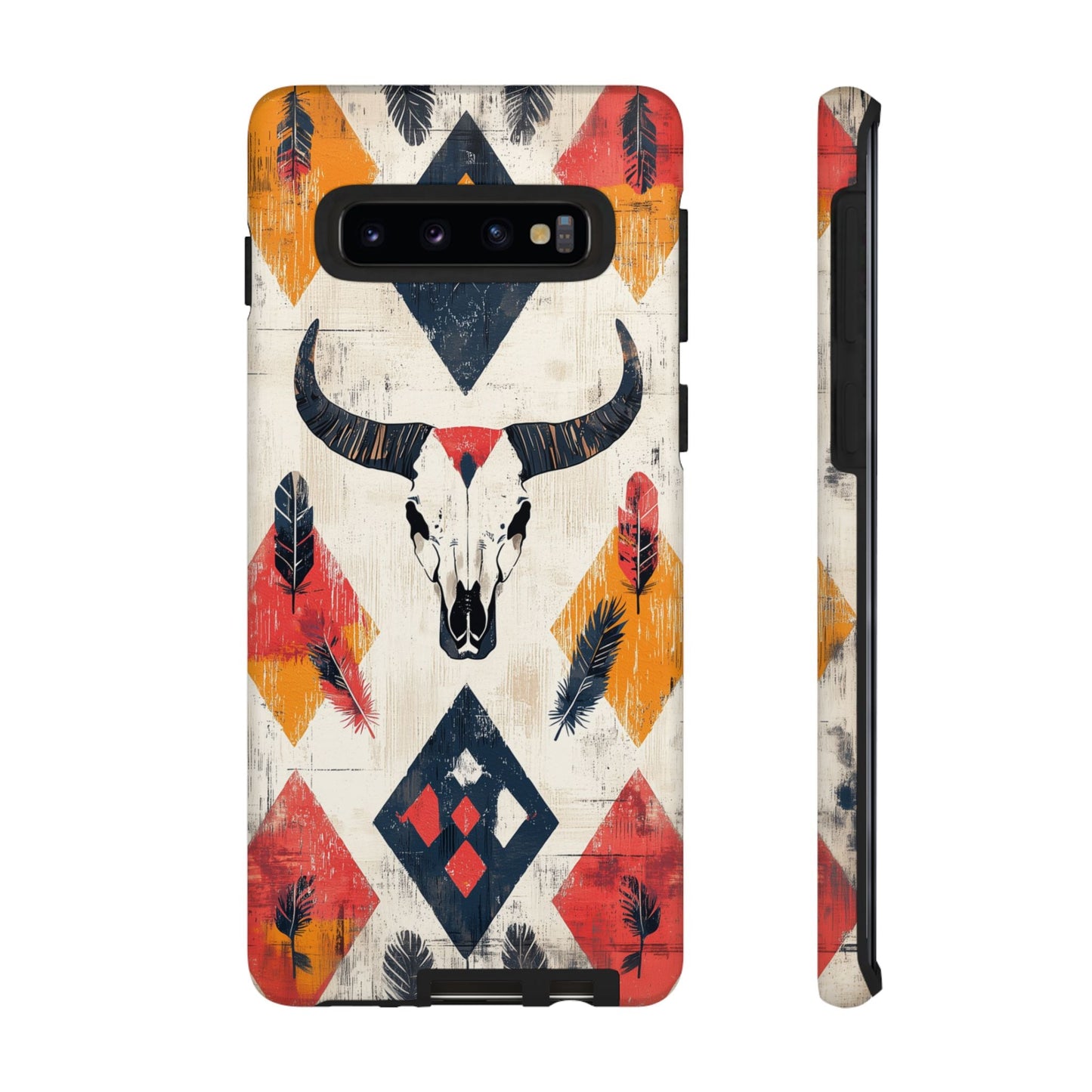 Western Bull Skull & Feathers Tough Samsung Galaxy Case – Bold Tribal Design, Dual - Layer Protection - BOGO Cases