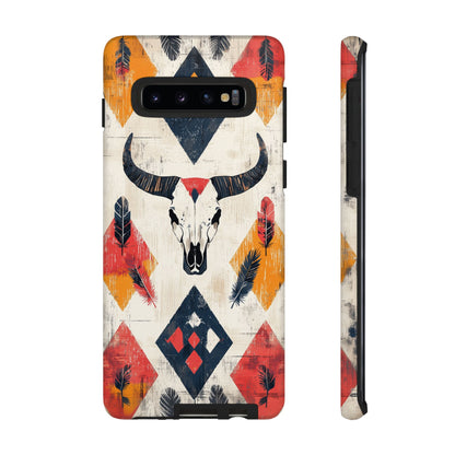 Western Bull Skull & Feathers Tough Samsung Galaxy Case – Bold Tribal Design, Dual - Layer Protection - BOGO Cases