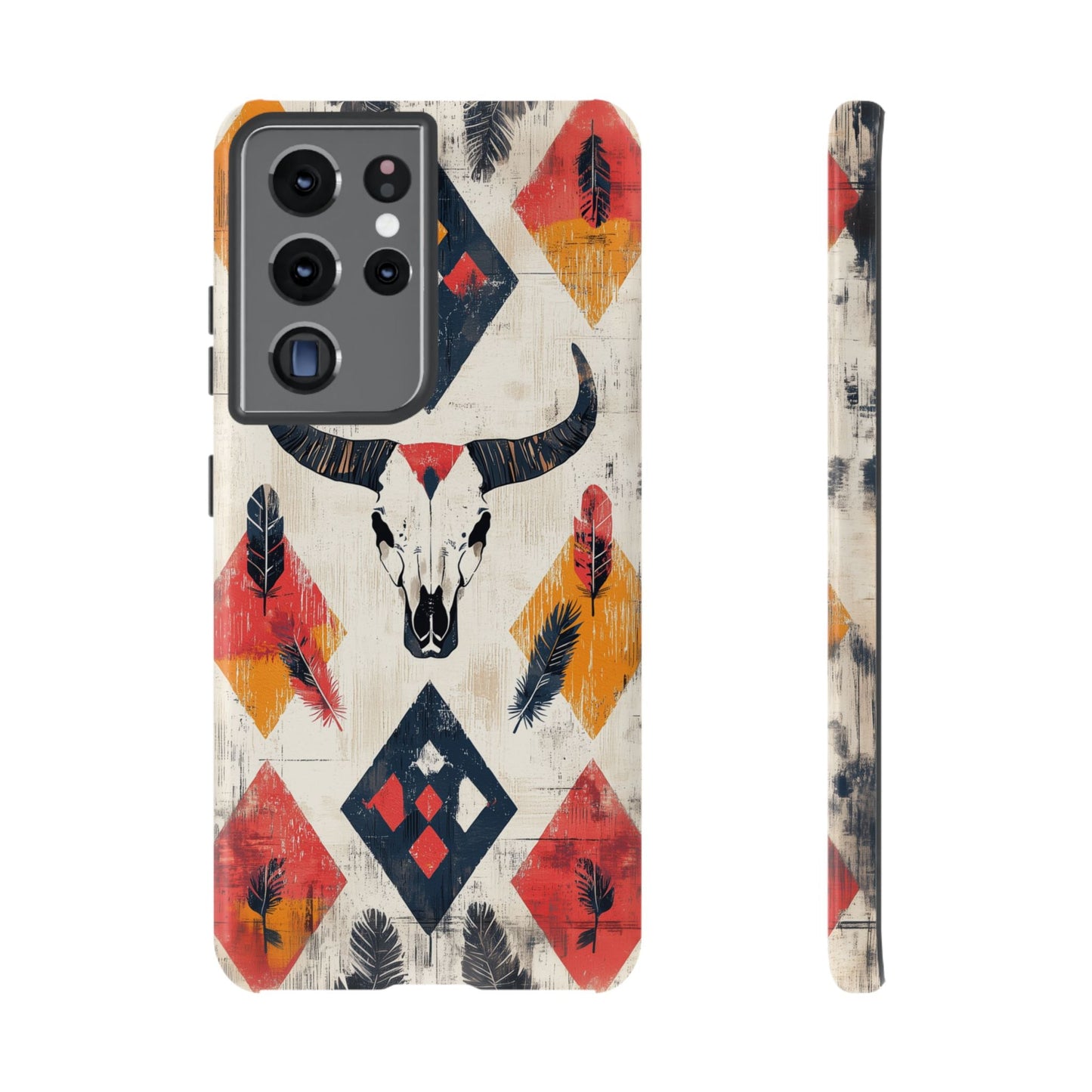 Western Bull Skull & Feathers Tough Samsung Galaxy Case – Bold Tribal Design, Dual - Layer Protection - BOGO Cases