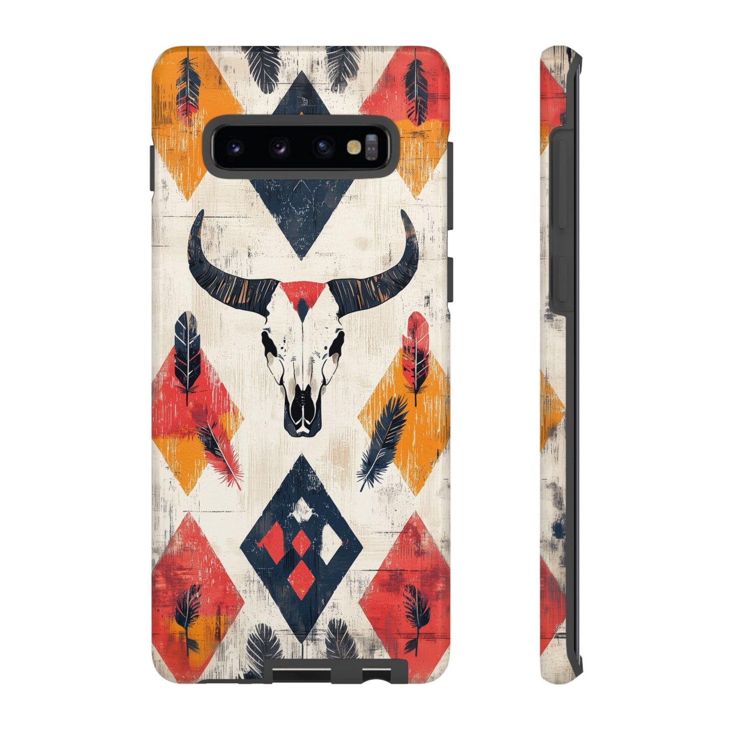 Western Bull Skull & Feathers Tough Samsung Galaxy Case – Bold Tribal Design, Dual - Layer Protection - BOGO Cases