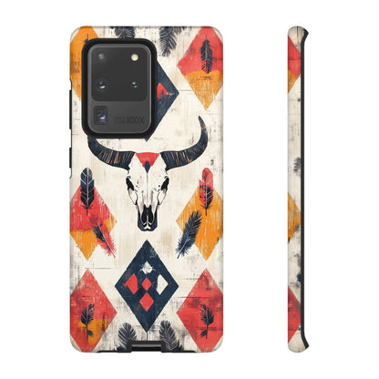 Western Bull Skull & Feathers Tough Samsung Galaxy Case – Bold Tribal Design, Dual - Layer Protection - BOGO Cases