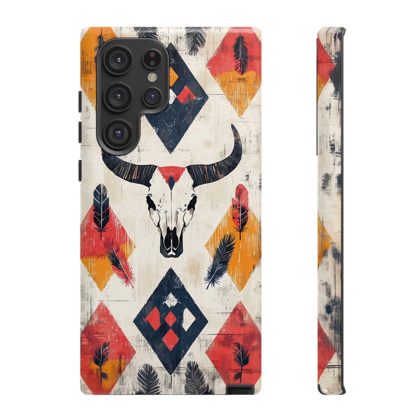 Western Bull Skull & Feathers Tough Samsung Galaxy Case – Bold Tribal Design, Dual - Layer Protection - BOGO Cases