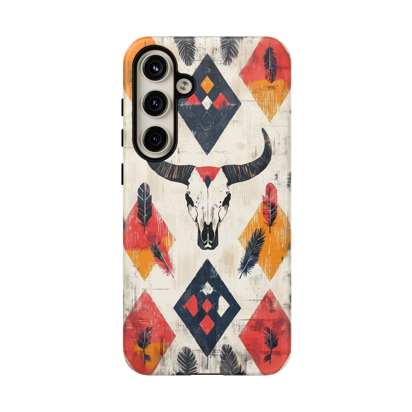 Western Bull Skull & Feathers Tough Samsung Galaxy Case – Bold Tribal Design, Dual - Layer Protection - BOGO Cases