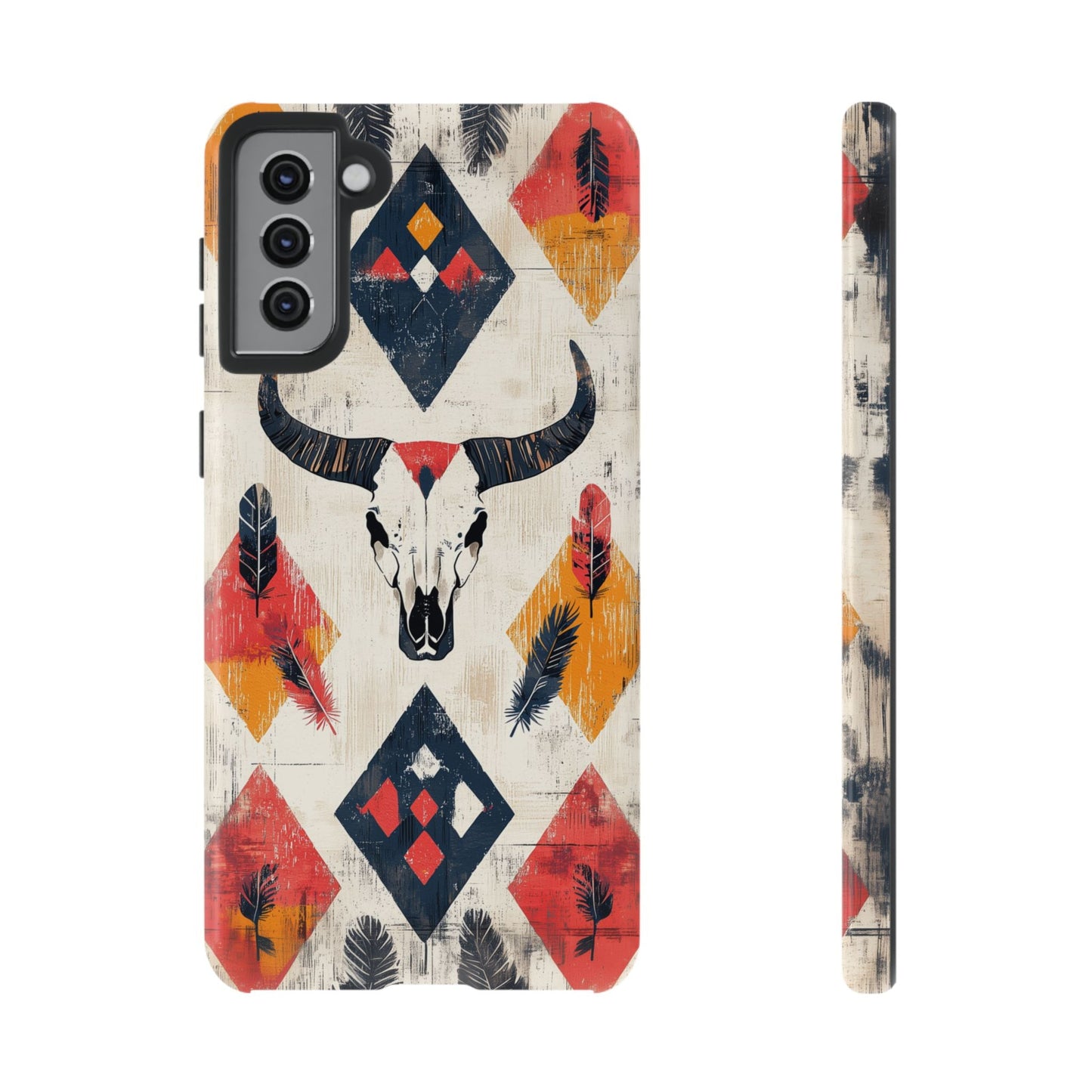 Western Bull Skull & Feathers Tough Samsung Galaxy Case – Bold Tribal Design, Dual - Layer Protection - BOGO Cases