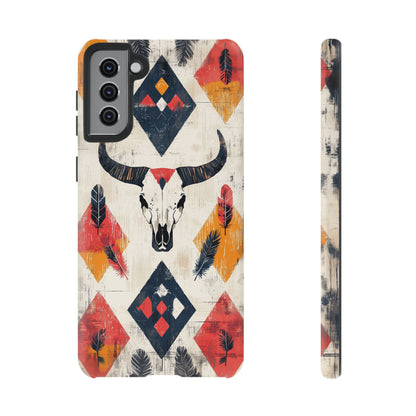 Western Bull Skull & Feathers Tough Samsung Galaxy Case – Bold Tribal Design, Dual - Layer Protection - BOGO Cases