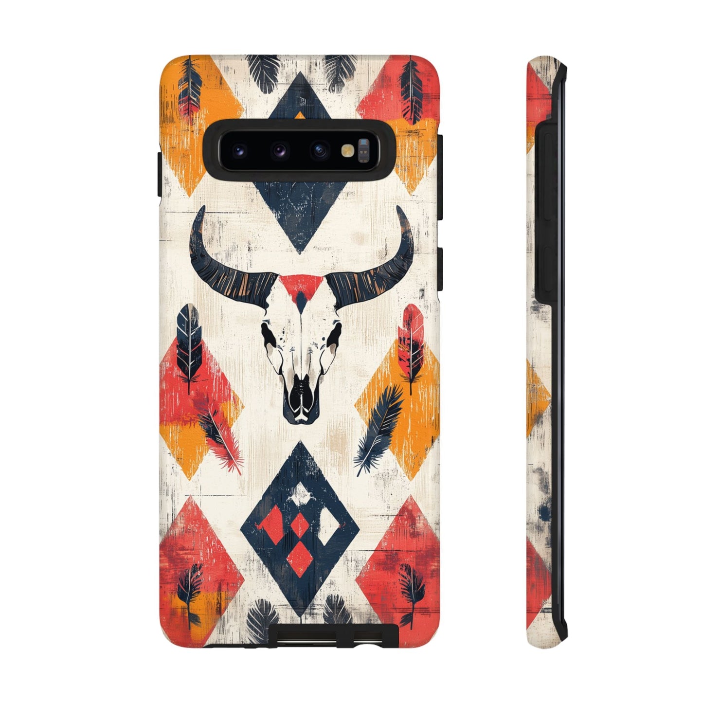 Western Bull Skull & Feathers Tough Samsung Galaxy Case – Bold Tribal Design, Dual - Layer Protection - BOGO Cases