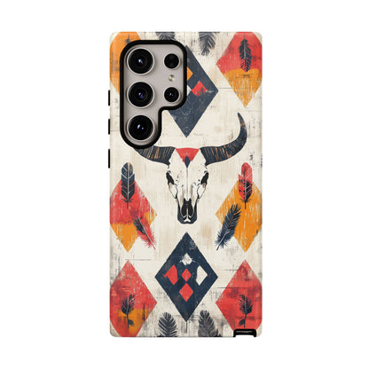 Western Bull Skull & Feathers Tough Samsung Galaxy Case – Bold Tribal Design, Dual - Layer Protection - BOGO Cases