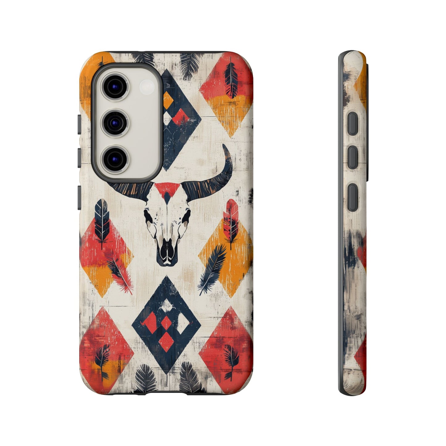 Western Bull Skull & Feathers Tough Samsung Galaxy Case – Bold Tribal Design, Dual - Layer Protection - BOGO Cases